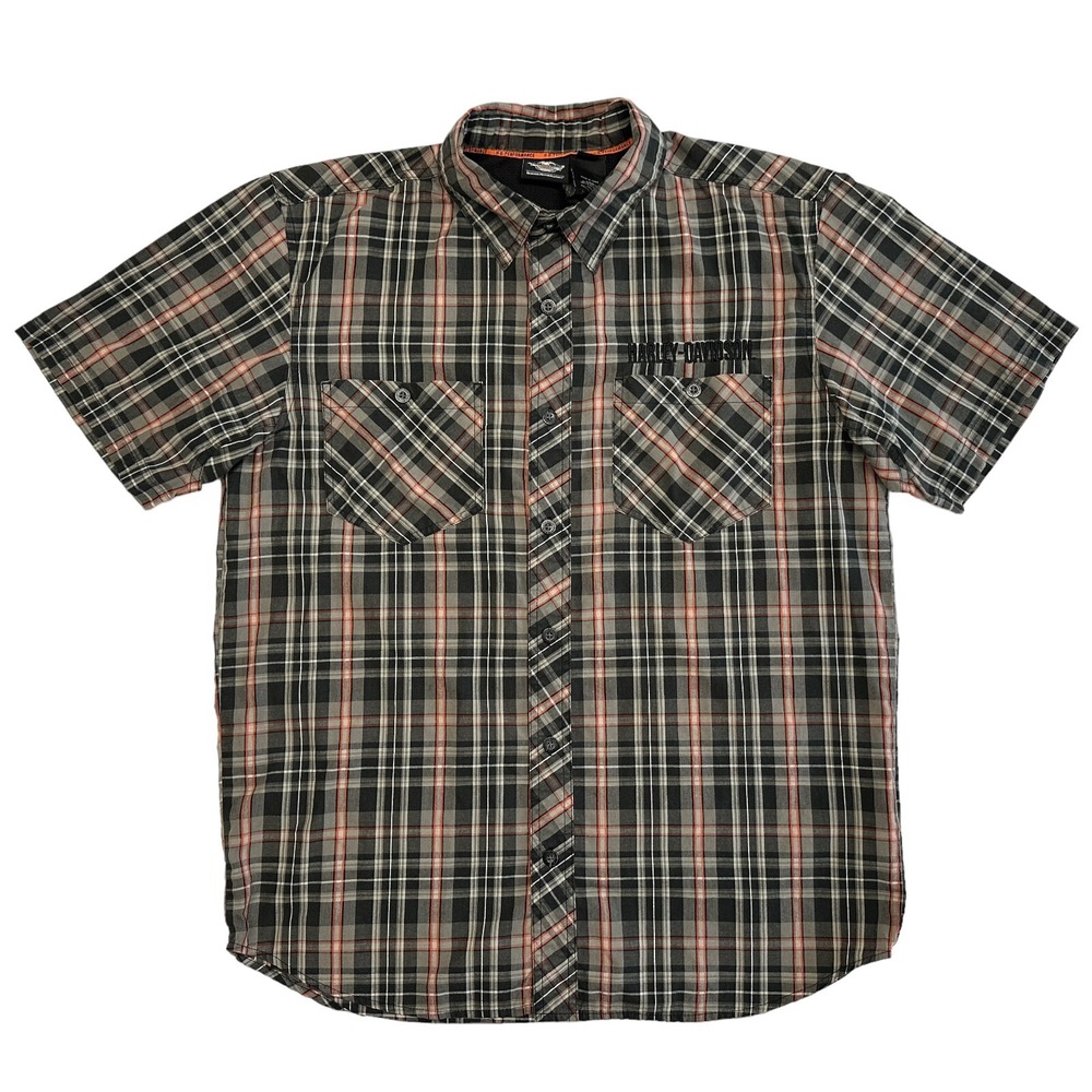 Harley Davidson Button Shirt Mens Large Brown Performance Plaid Woven Skull Logo